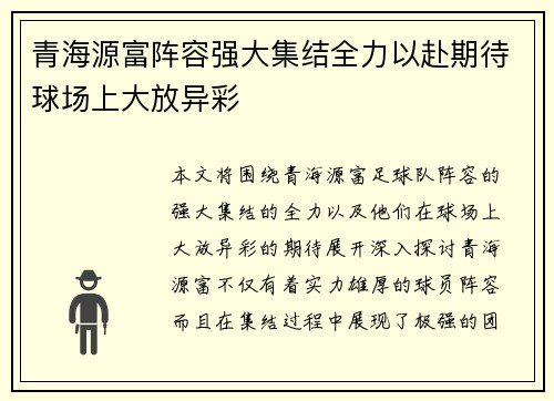 青海源富阵容强大集结全力以赴期待球场上大放异彩